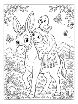 A sweet farm animals coloring page showing a chick perched on a lamb riding atop a happy donkey.