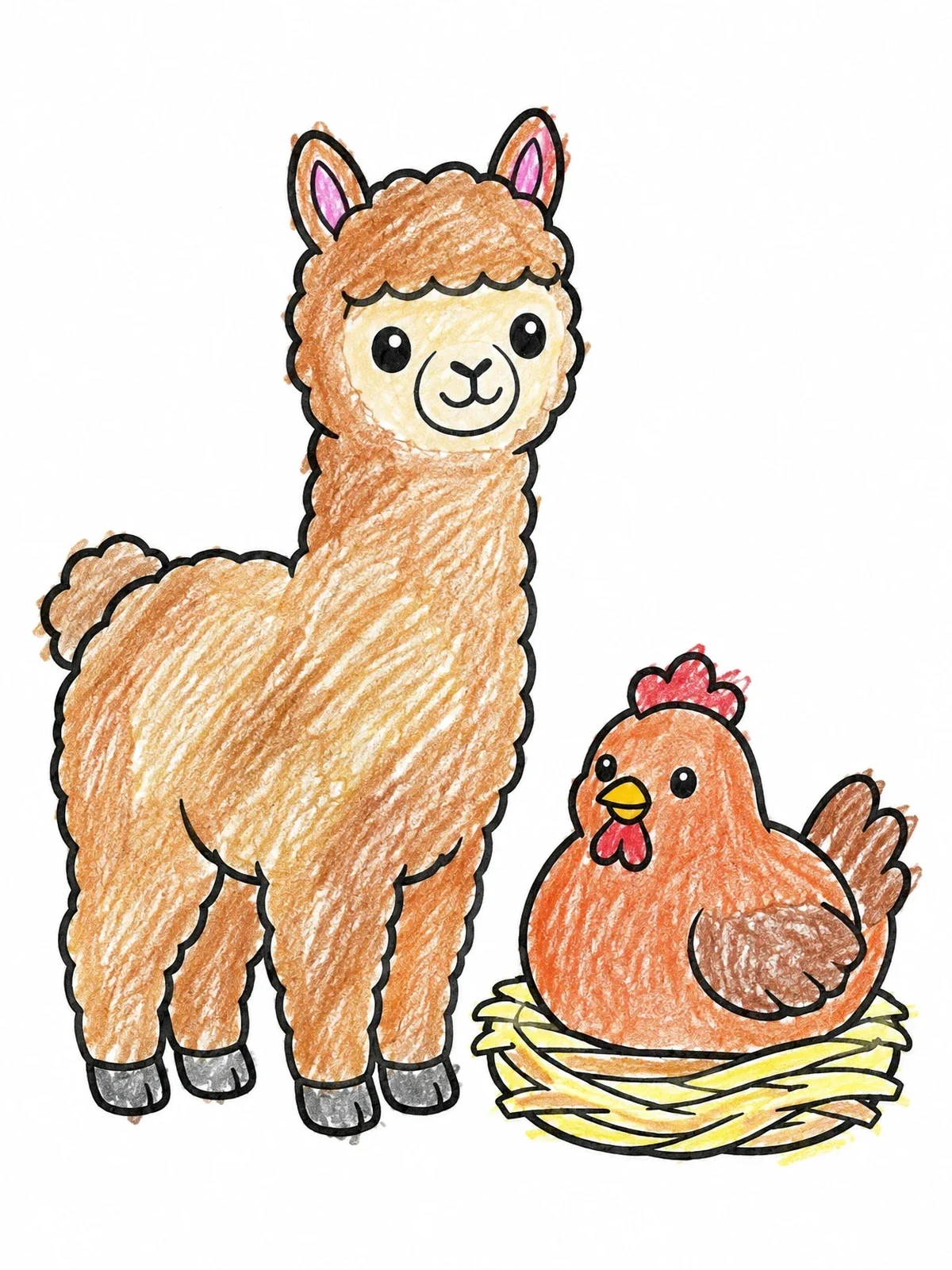 Colored example of the Fluffy Alpaca And Nesting Hen coloring page