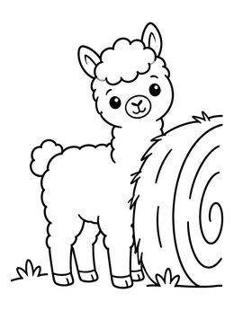 A cute alpaca on this farm animals coloring page standing near a round bale of hay.