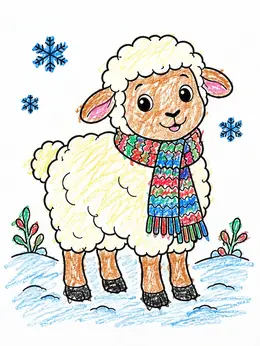 Color Draw Animals Fluffy Lamb Wearing Winter Scarf – Farm Animals Coloring Page