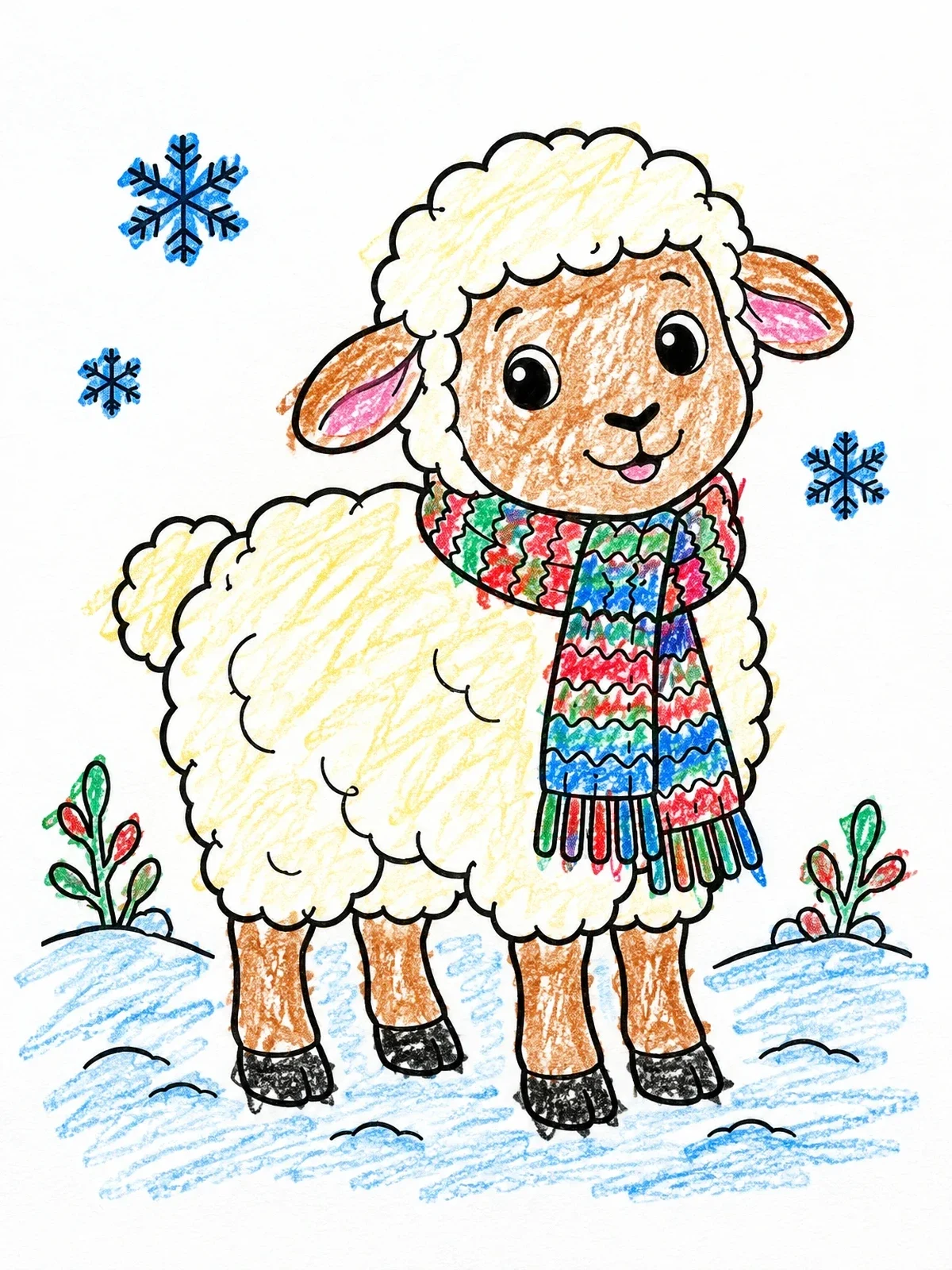 Colored example of the Fluffy Lamb Wearing Winter Scarf coloring page