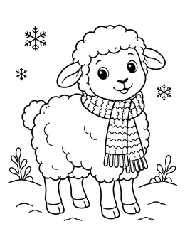 A fluffy little lamb wearing a warm scarf stands outside on this farm animals coloring page.