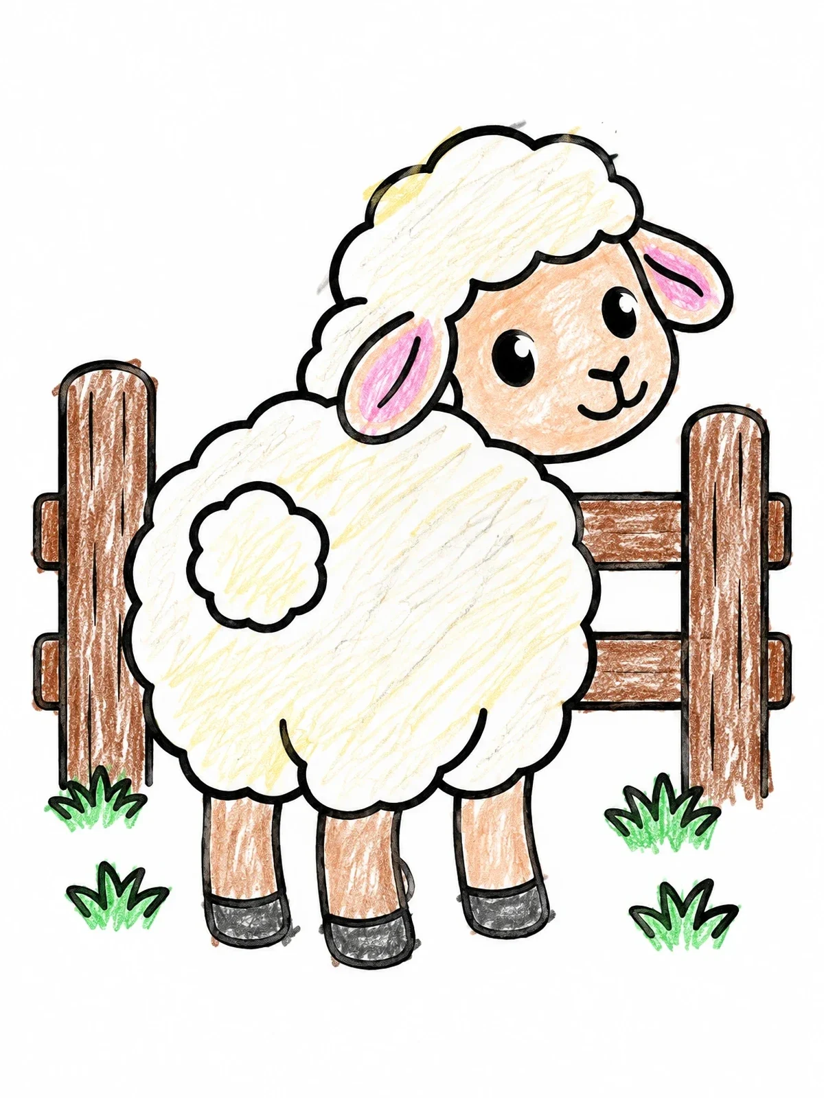 Colored example of the Fluffy Sheep By The Fence coloring page