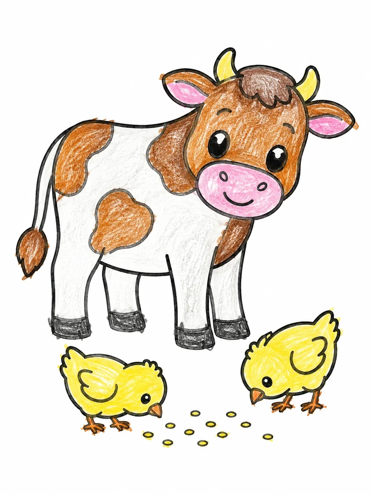 Colored example of the Friendly Calf With Little Chicks coloring page
