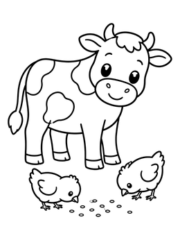 Free printable Friendly Calf With Little Chicks coloring page