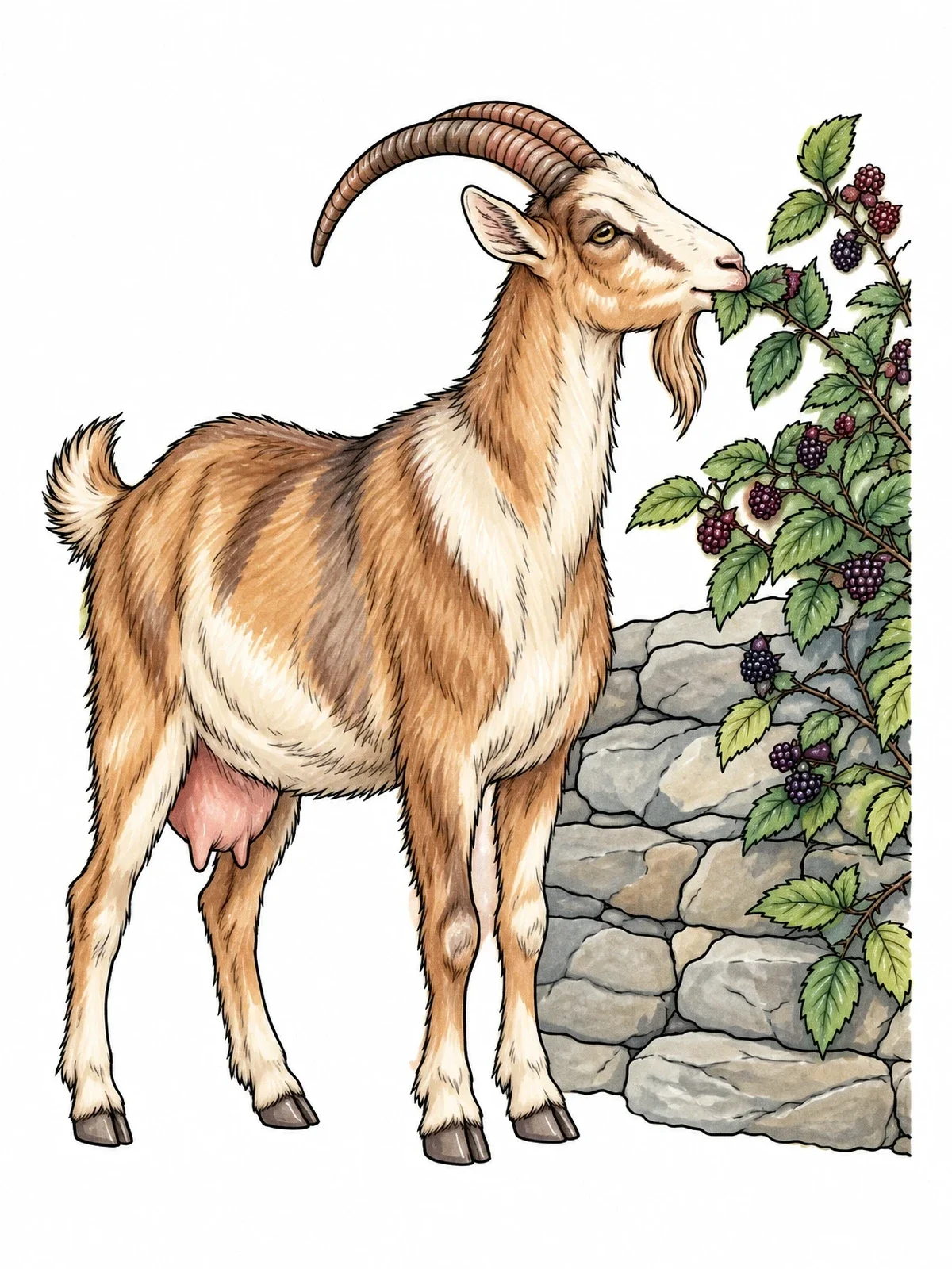 Colored example of the Horned Goat Beside Stone Wall coloring page