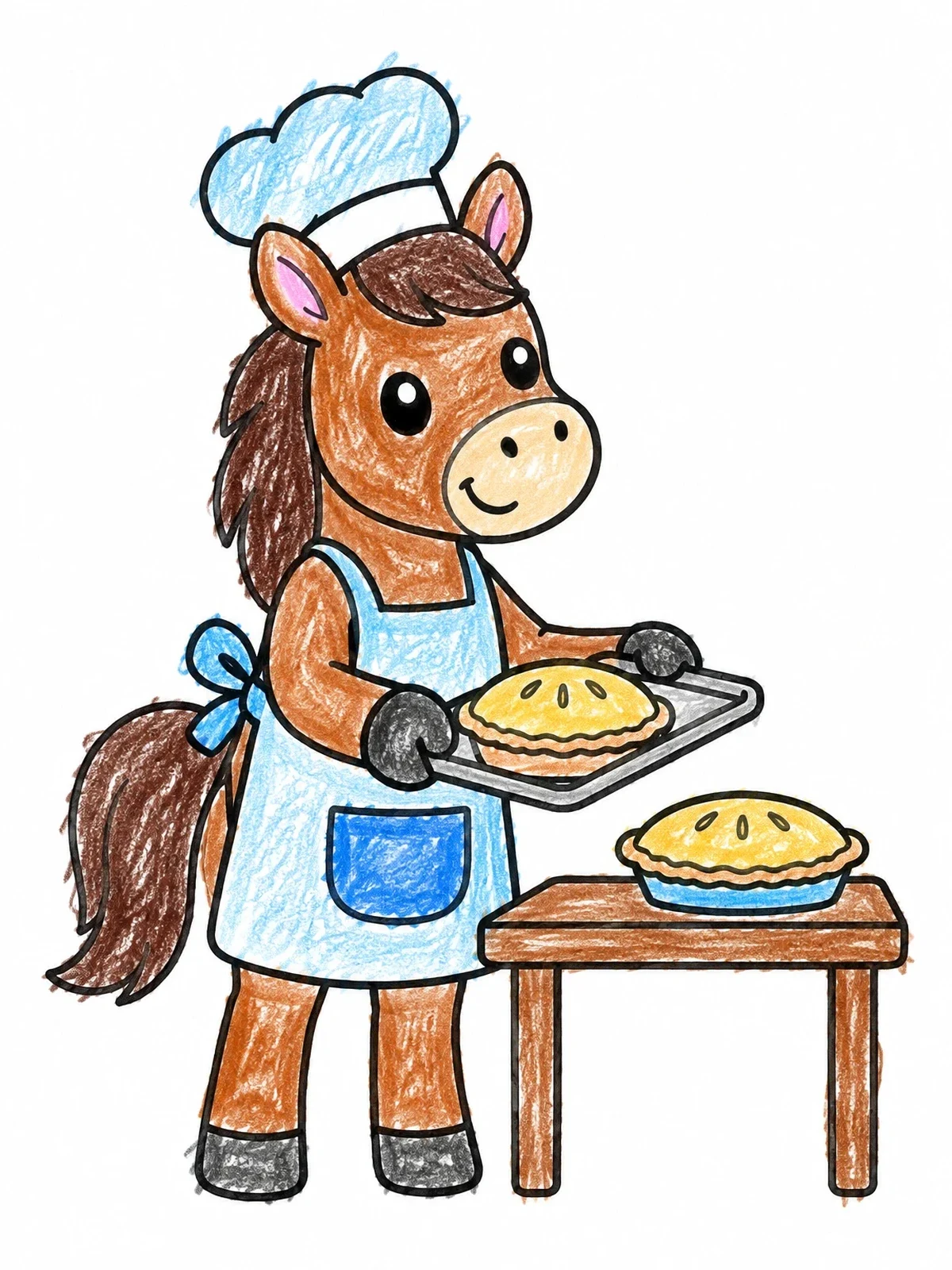 Colored example of the Little Horse Baking Fresh Pies coloring page
