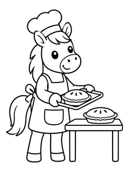 A cute pony baker in an apron stars in this farm animals coloring page.