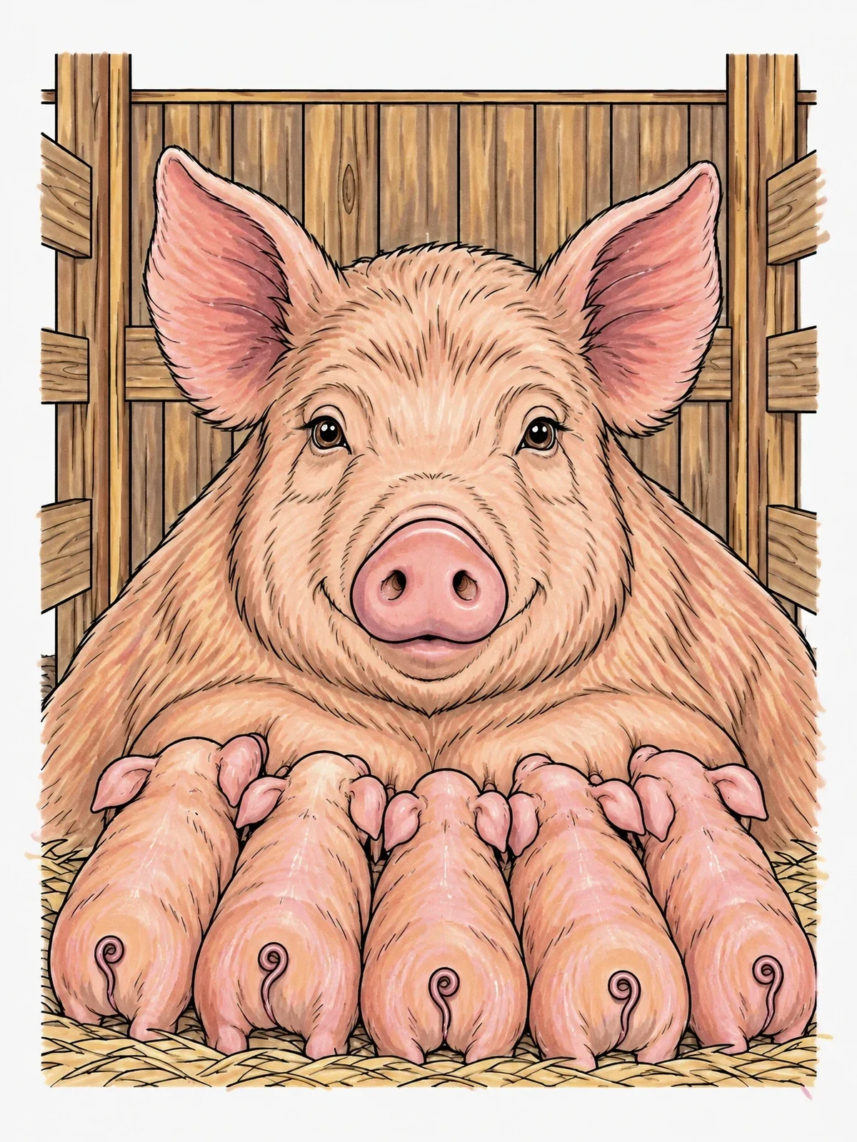 Colored example of the Mother Pig With Nursing Piglets coloring page