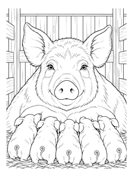 A sow resting with her piglets in a farm animals coloring page inside a barn.