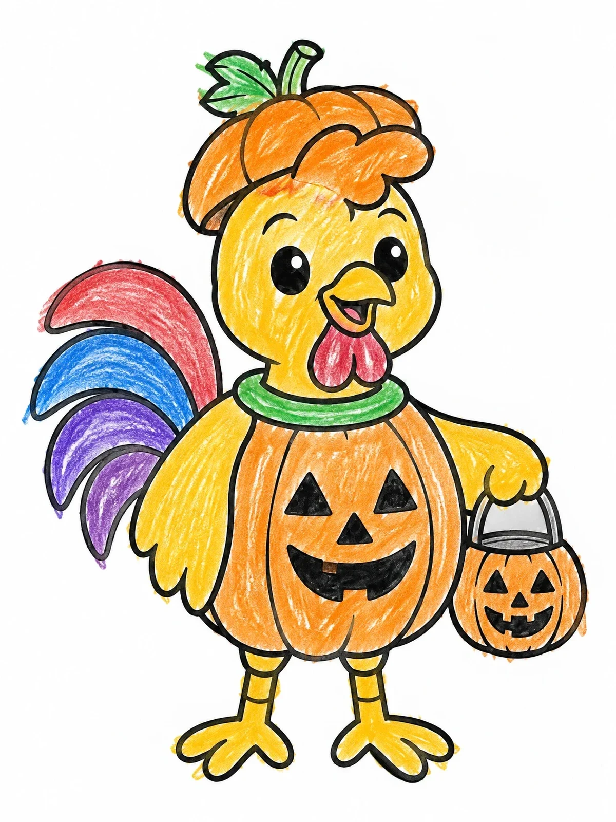 Colored example of the Cute Rooster In Halloween Pumpkin Costume coloring page