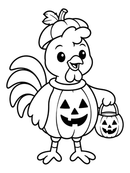 A rooster trick-or-treating in this farm animals coloring page.