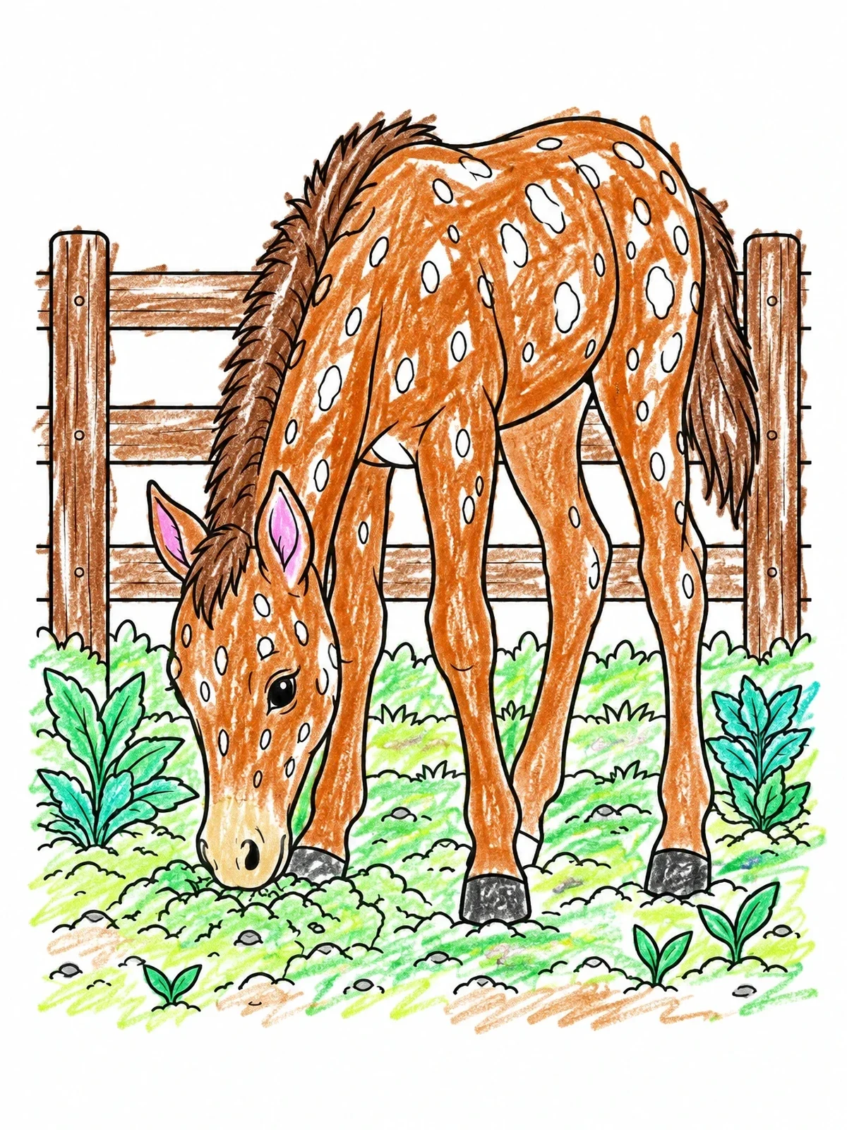 Colored example of the Spotted Foal Grazing By Fence coloring page