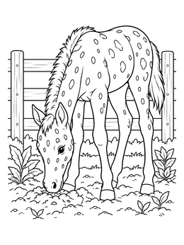A spotted foal grazes near a wooden paddock fence in this farm animals coloring page.
