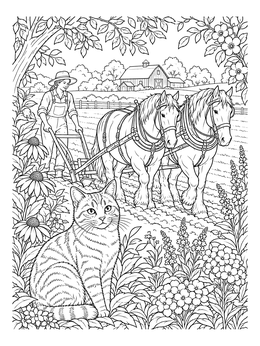 A peaceful farm coloring page featuring a cat in the foreground while draft horses plow a field.