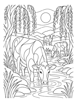 Cows drinking from a creek framed by willow branches on this farm coloring page.