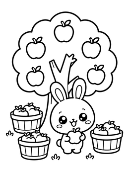 Free printable Cute Bunny With Apple Tree coloring page