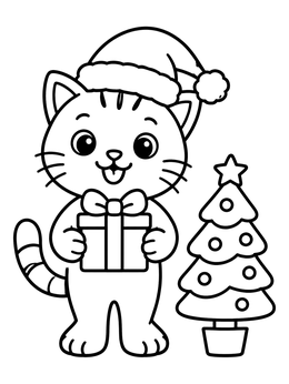 A cheerful cartoon cat with a gift on this farm coloring page.