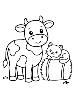 Free printable Cute Cow And Hay Bale Kitten coloring page