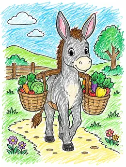 Cute Donkey Carrying Fresh Vegetable Baskets – Farm Coloring Page