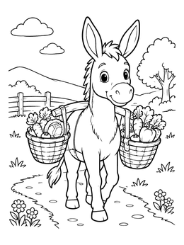 A cheerful donkey walking along a path in this farm coloring page.