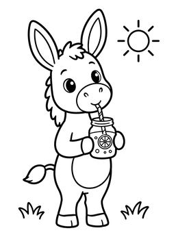 A cute cartoon donkey sipping lemonade under the sun on this farm coloring page.