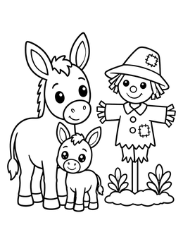 Free printable Cute Donkeys With A Friendly Scarecrow coloring page