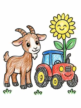Cute Goat With Tractor And Sunflower – Farm Coloring Page