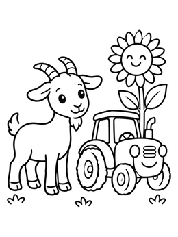 Free printable Cute Goat With Tractor And Sunflower coloring page