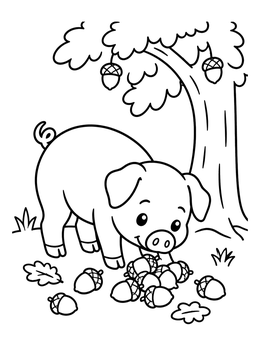 Free printable Cute Piglet Eating Acorns Under An Oak coloring page