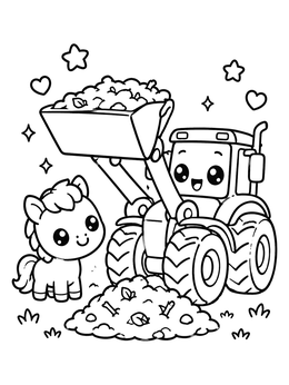 A cheerful pony watches a friendly tractor shovel compost in this cute farm coloring page.