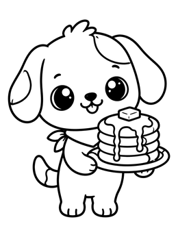 A cute cartoon puppy holding a delicious stack of pancakes in this farm coloring page.