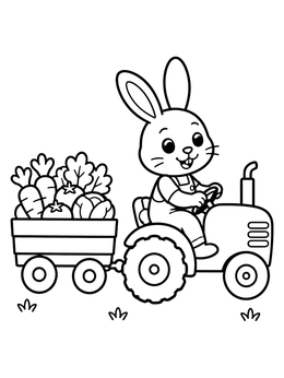 A cheerful bunny drives a tractor on this farm coloring page, pulling a cart full of fresh veggies.