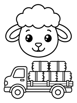A friendly sheep face above a truck loaded with hay bales in this farm coloring page.