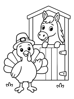 Free printable Cute Turkey And Horse At Stable coloring page