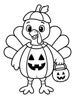 A cute farm coloring page featuring a turkey dressed in a pumpkin costume holding a treat bucket.
