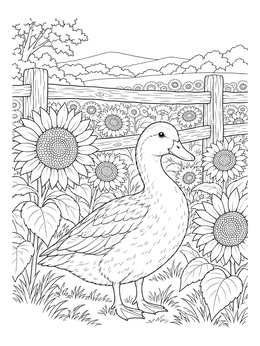 A duck stands near a wooden fence in this detailed farm coloring page.