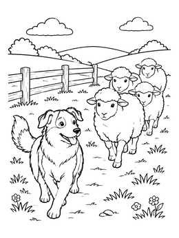 A cheerful sheepdog guides sheep in this farm coloring page outdoors.