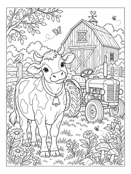 A sweet cow and an antique tractor in this farm coloring page with a rustic barn.