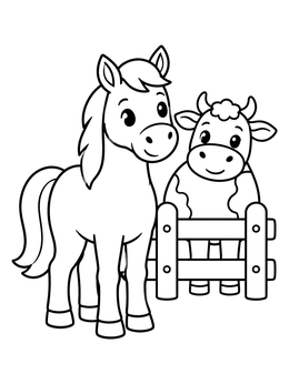 Free printable Friendly Pony And Cow By Fence coloring page