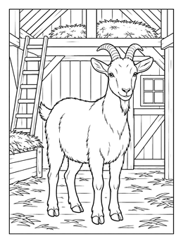 A goat standing inside a wooden stable in this farm coloring page.