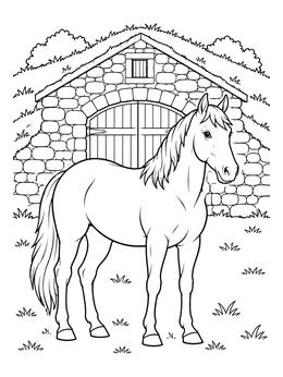 A horse stands proudly in a field on this farm coloring page.