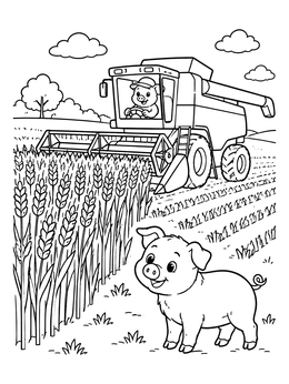 A cute pig stands near a combine harvester in this farm coloring page.