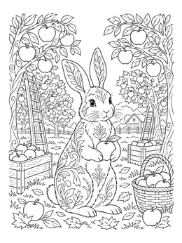 A decorative bunny holding an apple in this farm coloring page featuring an orchard.