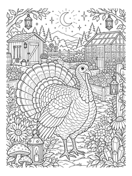 A detailed farm coloring page with a turkey standing in a garden under a crescent moon.