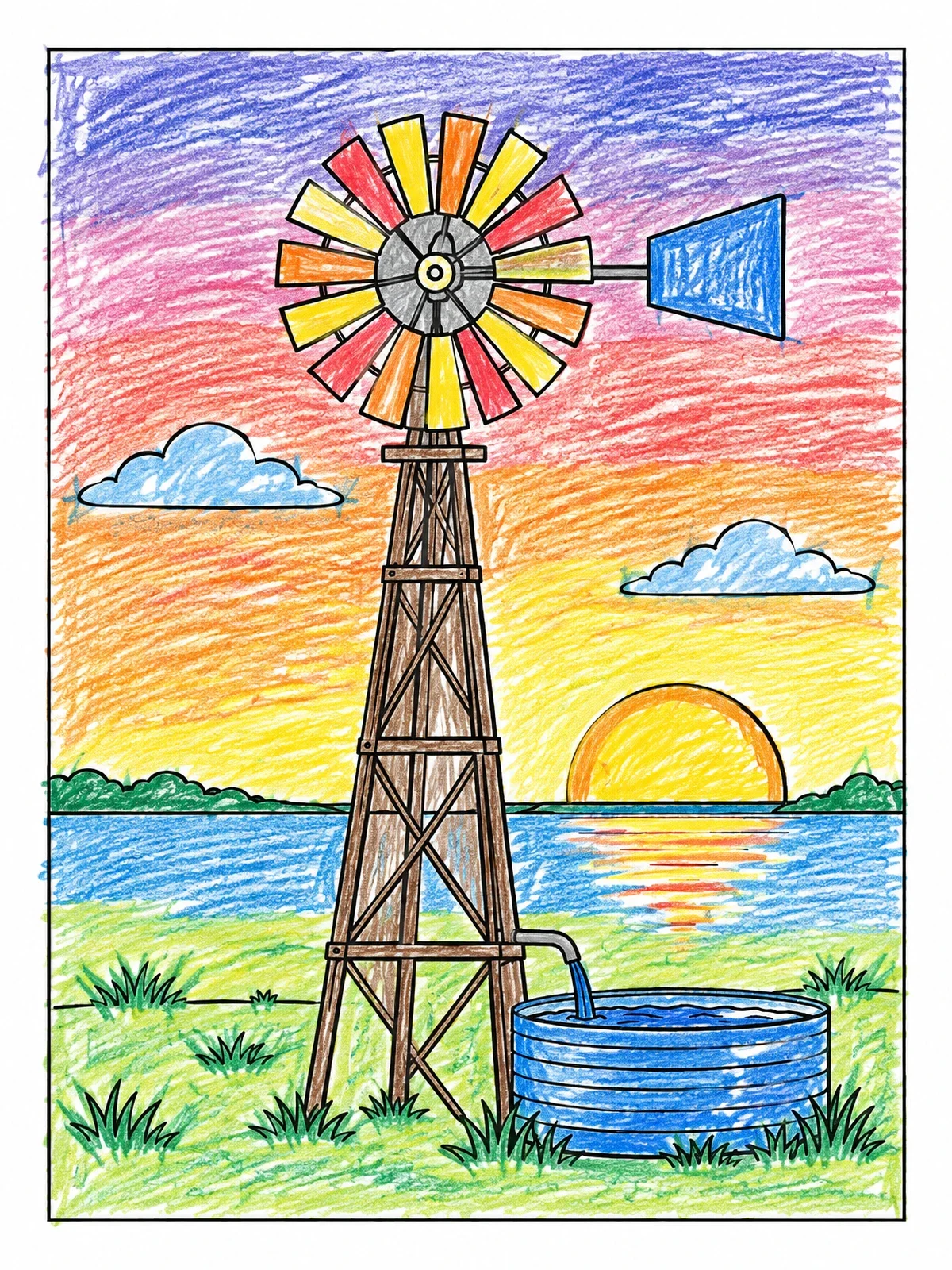 Colored example of the Farm Windmill At Sunset Landscape coloring page