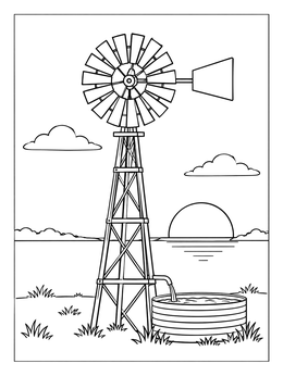 Free printable Farm Windmill At Sunset Landscape coloring page