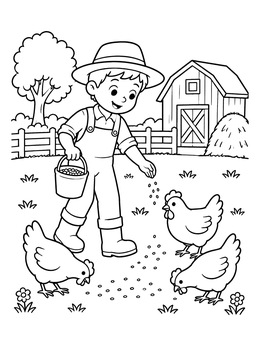 Free printable Farmer Boy Feeding Chickens coloring page