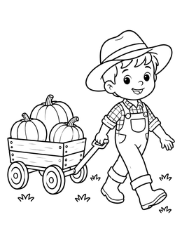 A cheerful farmer coloring page showing a young boy pulling a wagon with pumpkins.