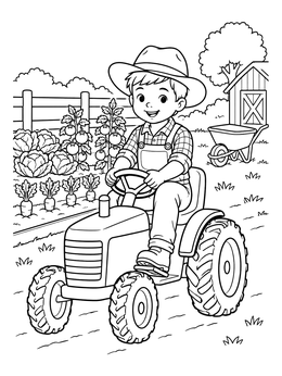 A smiling boy rides a small tractor on this farmer coloring page.